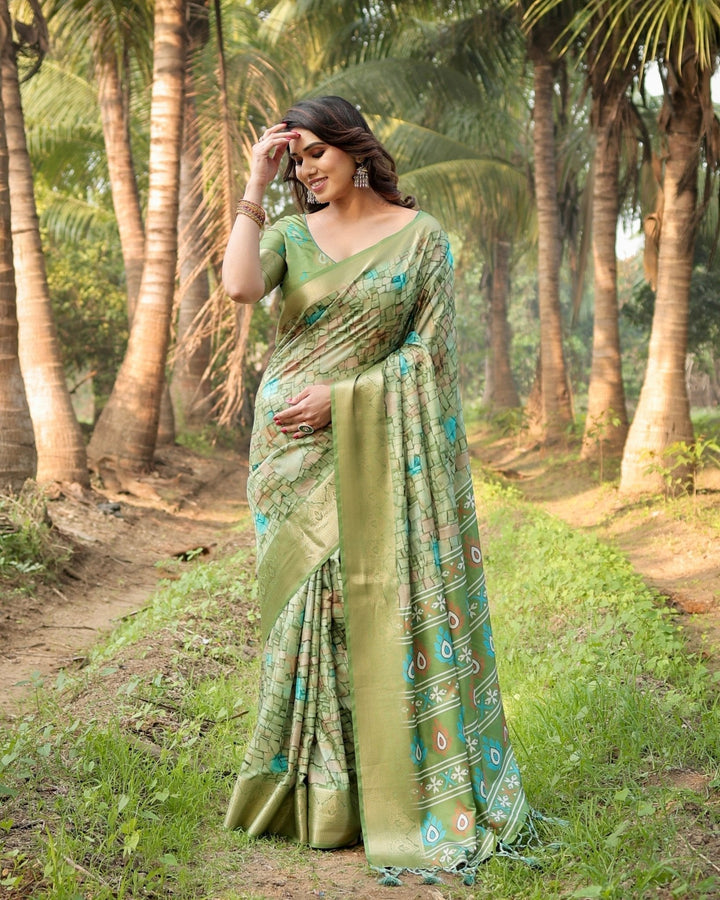 Pure Silk Digitally Printed Saree Weaved With Golden Zari Comes With Tassels - Almaari Fashion