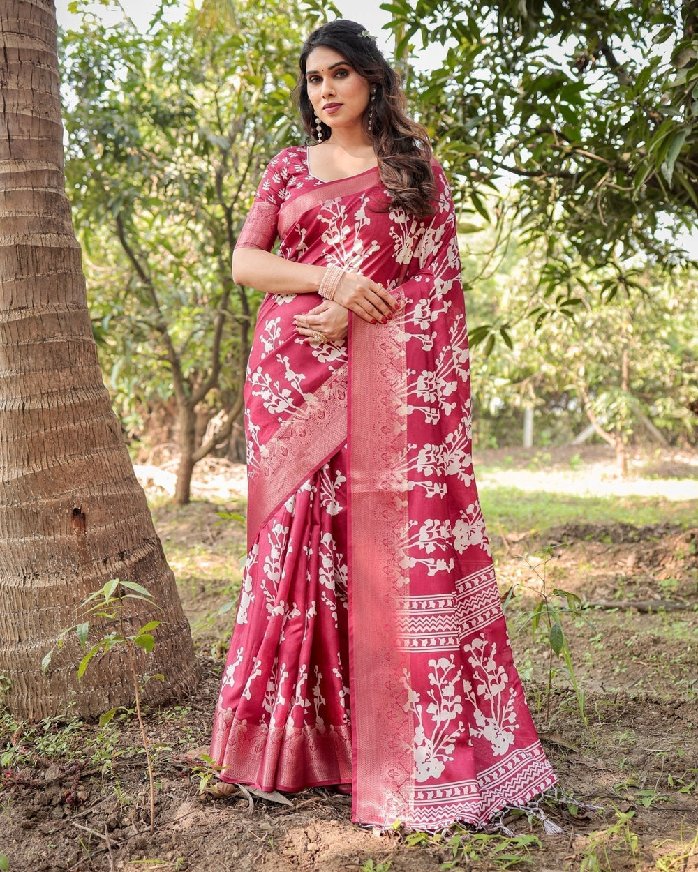 Pure Silk Digitally Printed Saree Weaved With Golden Zari Comes With Tassels - Almaari Fashion