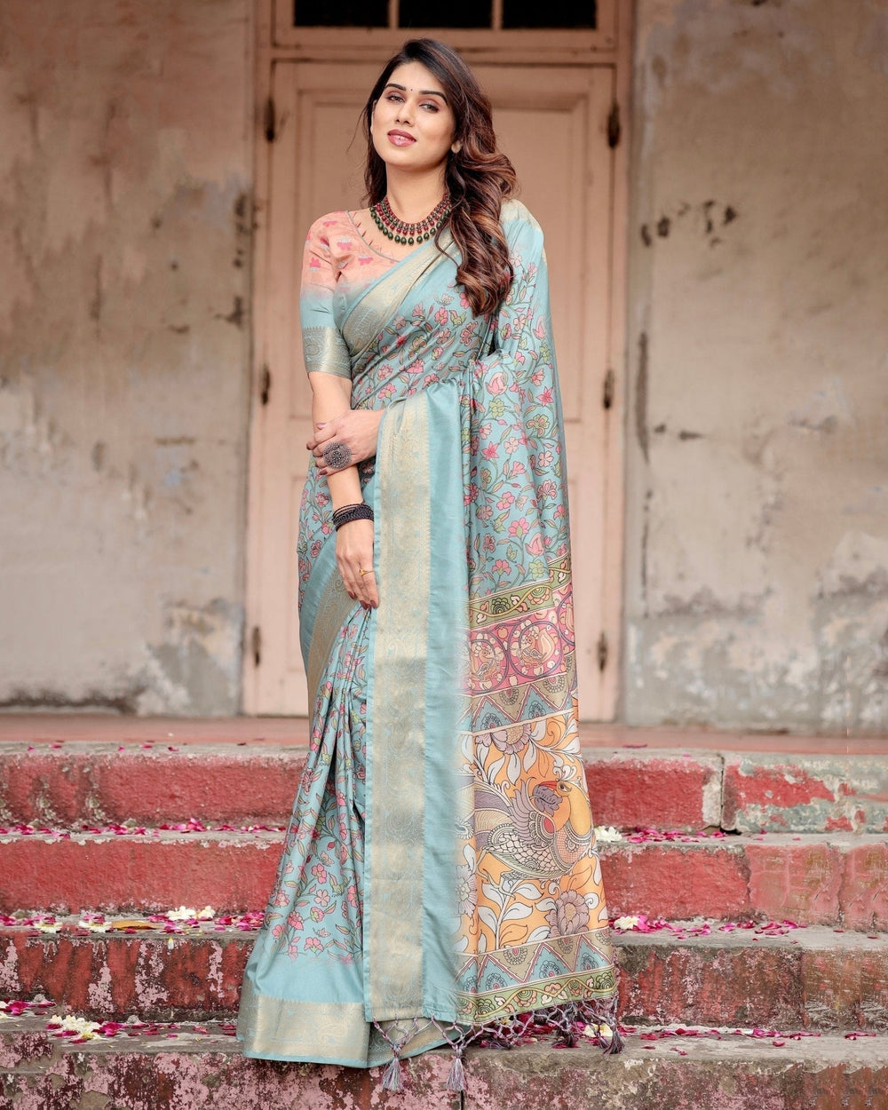 Pure Silk Digitally Printed Saree Weaved With Golden Zari Comes With Tassels - Almaari Fashion