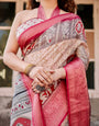 Beige and Red Tussar Silk Saree with Traditional Motifs and Ornamental Zari Border