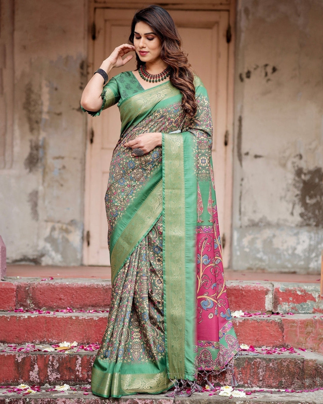 Pure Silk Digitally Printed Saree Weaved With Golden Zari Comes With Tassels - Almaari Fashion