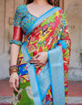 Multicolor Folk Art Inspired Digital Print Tussar Silk Saree with Sky Blue Zari Border