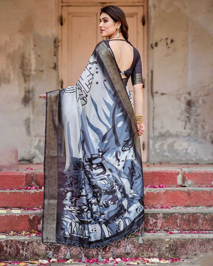 Pure Silk Digitally Printed Saree Weaved With Golden Zari Comes With Tassels - Almaari Fashion