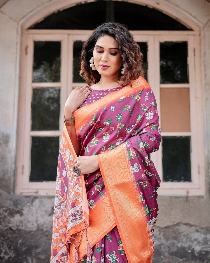 Pure Silk Digitally Printed Saree Weaved With Golden Zari Comes With Tassels - Almaari Fashion