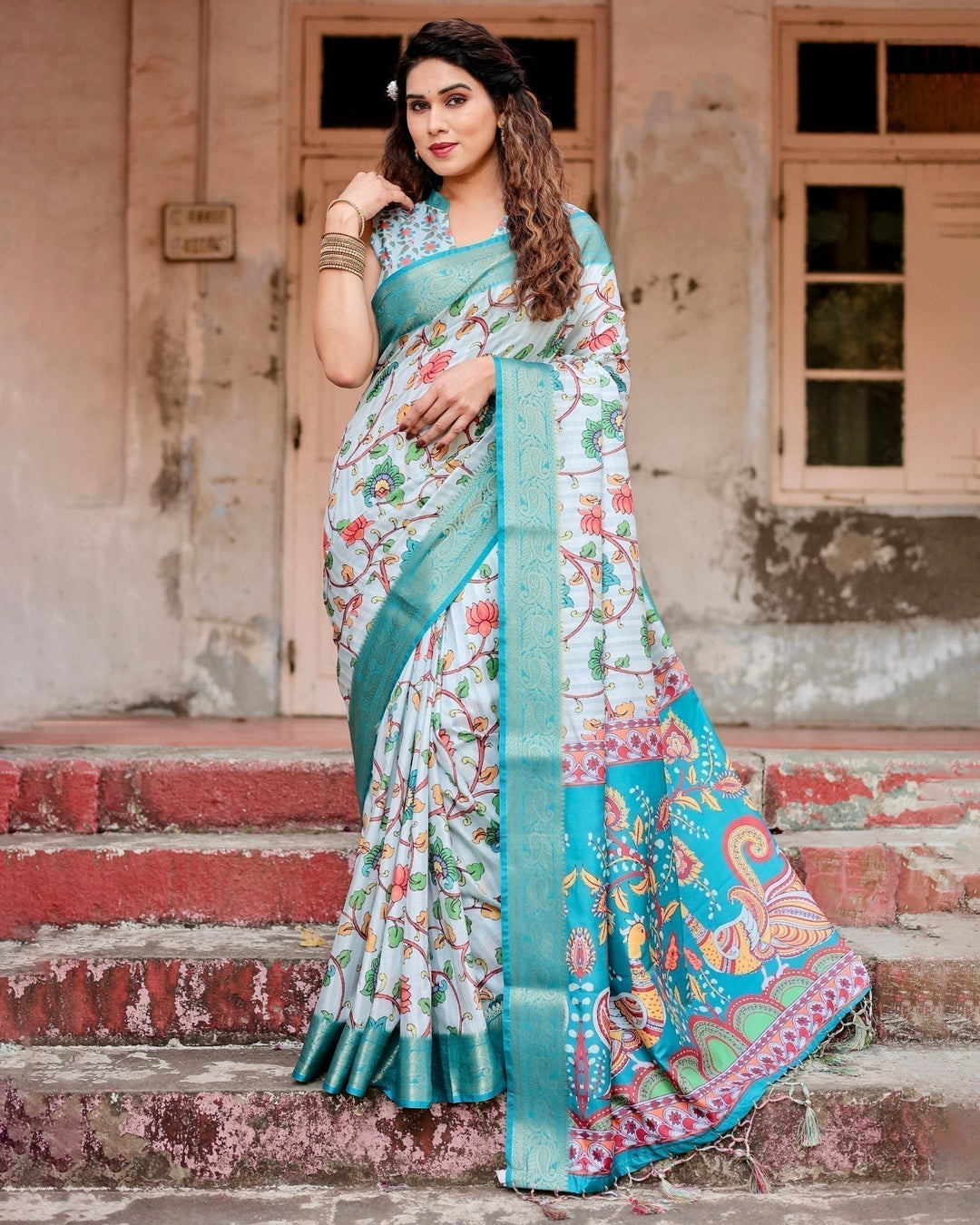 Pure Silk Digitally Printed Saree Weaved With Golden Zari Comes With Tassels - Almaari Fashion