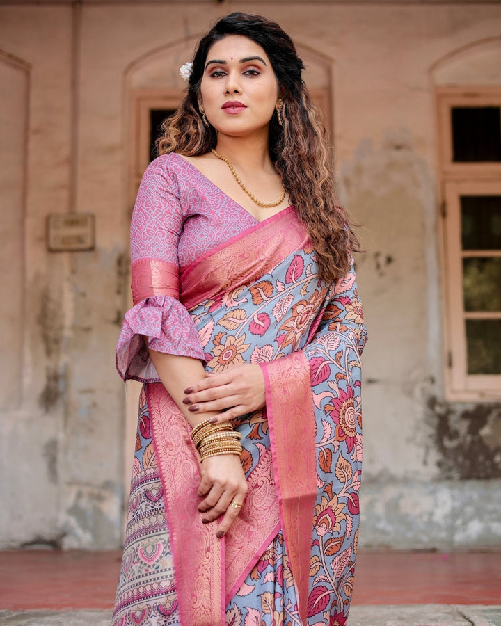 Pure Silk Digitally Printed Saree Weaved With Golden Zari Comes With Tassels - Almaari Fashion