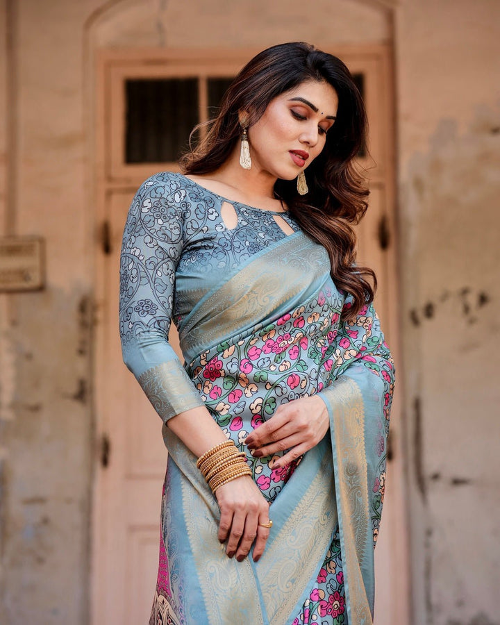 Pure Silk Digitally Printed Saree Weaved With Golden Zari Comes With Tassels - Almaari Fashion