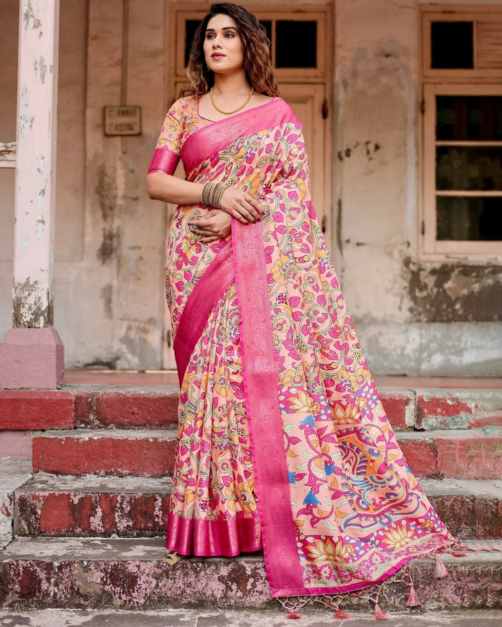 Pure Silk Digitally Printed Saree Weaved With Golden Zari Comes With Tassels - Almaari Fashion