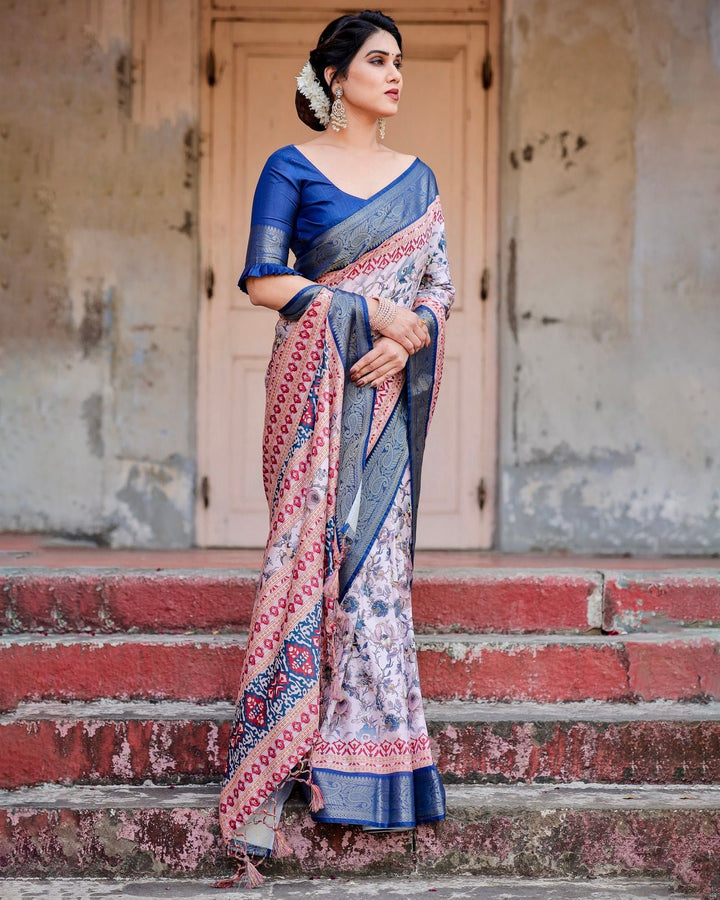 Pure Silk Digitally Printed Saree Weaved With Golden Zari Comes With Tassels - Almaari Fashion