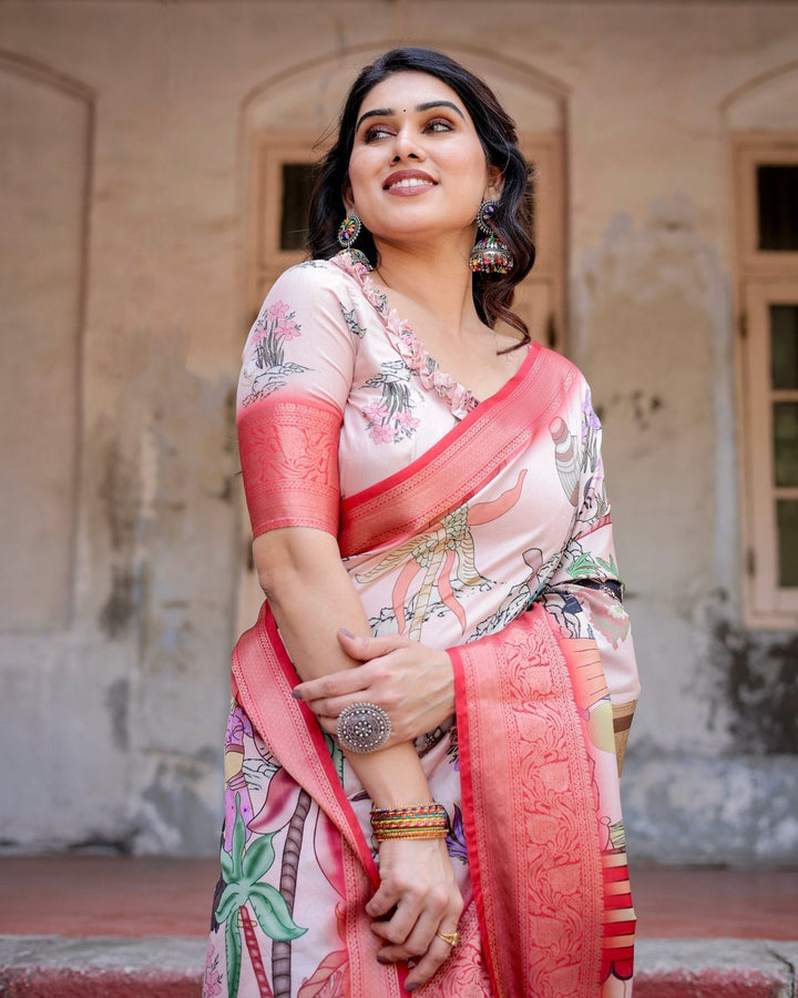 Pure Silk Digitally Printed Saree Weaved With Golden Zari Comes With Tassels - Almaari Fashion