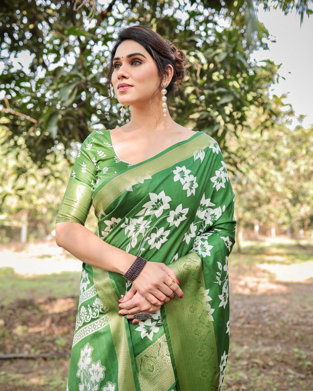 Pure Silk Digitally Printed Saree Weaved With Golden Zari Comes With Tassels - Almaari Fashion