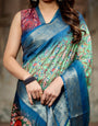 Majestic Blue and Green Digital Print Saree with Intricate Floral Motifs and Contrasting Pallu