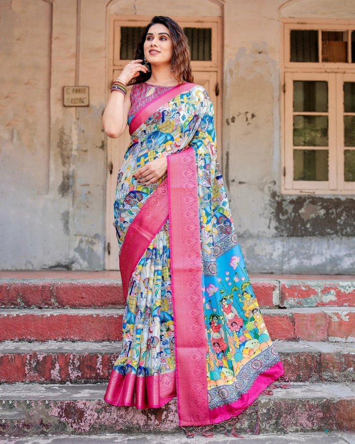 Pure Silk Digitally Printed Saree Weaved With Golden Zari Comes With Tassels - Almaari Fashion