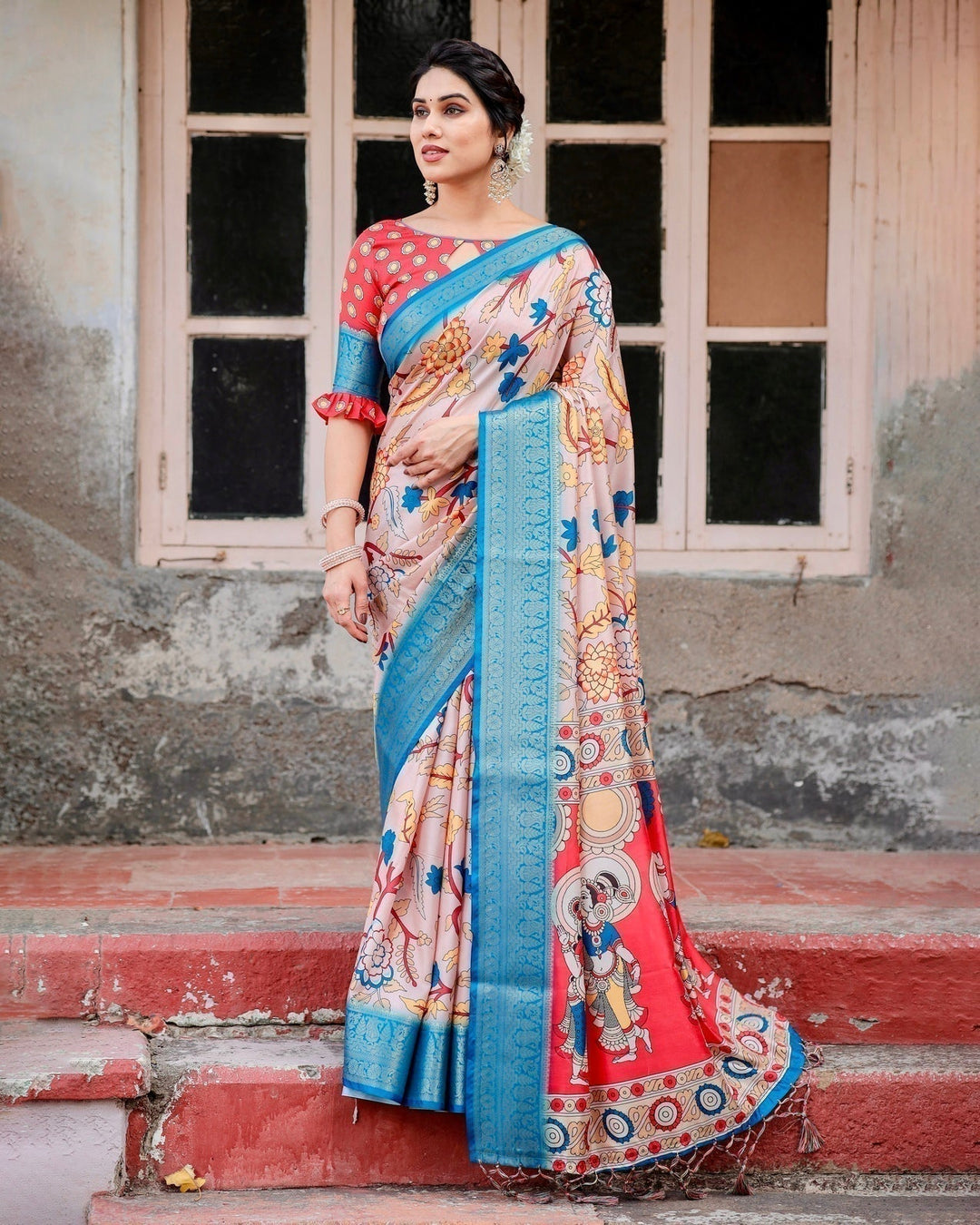 Pure Silk Digitally Printed Saree Weaved With Golden Zari Comes With Tassels - Almaari Fashion