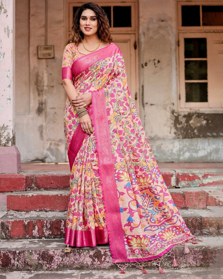 Pure Silk Digitally Printed Saree Weaved With Golden Zari Comes With Tassels - Almaari Fashion