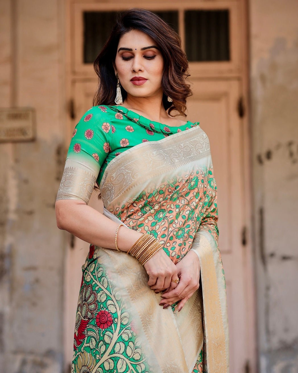 Pure Silk Digitally Printed Saree Weaved With Golden Zari Comes With Tassels - Almaari Fashion