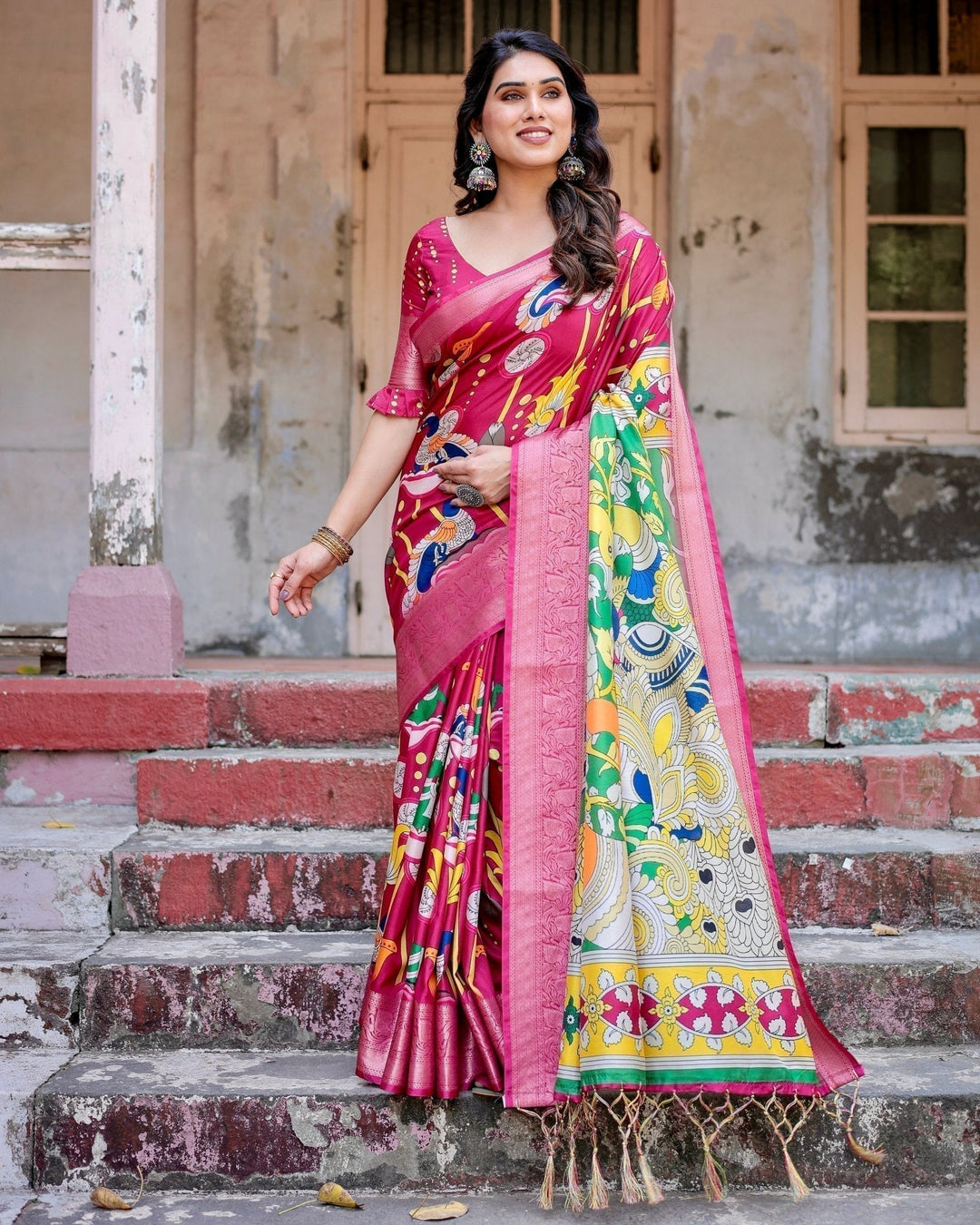 Pure Silk Digitally Printed Saree Weaved With Golden Zari Comes With Tassels - Almaari Fashion