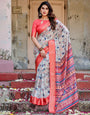 Ivory Tussar Silk Saree with Coral Zari Border and Intricate Floral Motifs