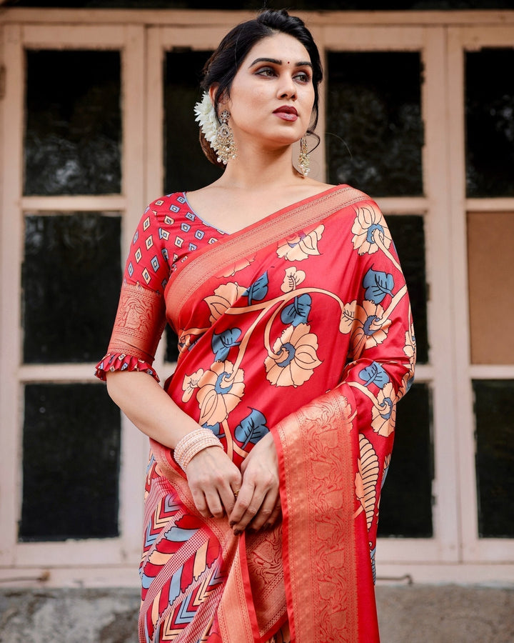 Pure Silk Digitally Printed Saree Weaved With Golden Zari Comes With Tassels - Almaari Fashion