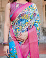 Vibrant Multicolor Digital Printed Tussar Silk Saree with Pink Zari Border