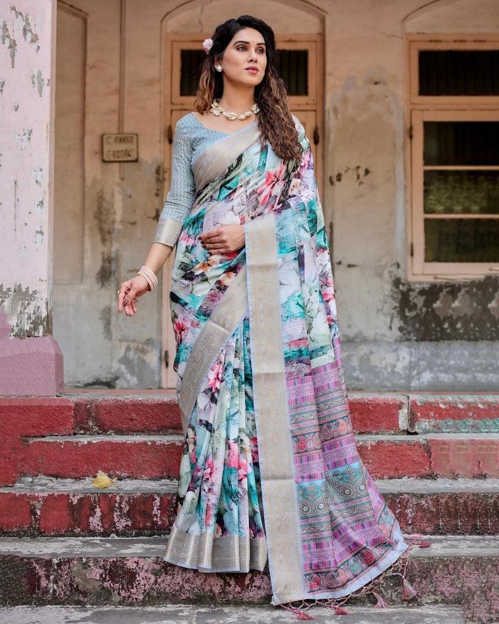 Pure Silk Digitally Printed Saree Weaved With Golden Zari Comes With Tassels - Almaari Fashion