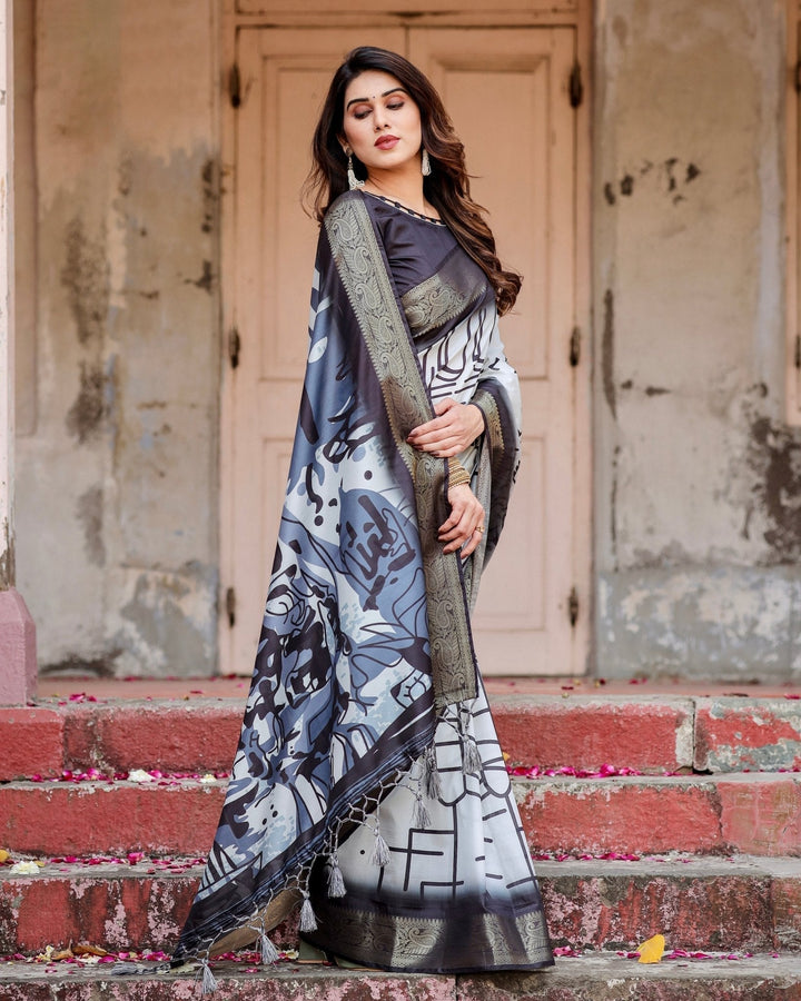 Pure Silk Digitally Printed Saree Weaved With Golden Zari Comes With Tassels - Almaari Fashion