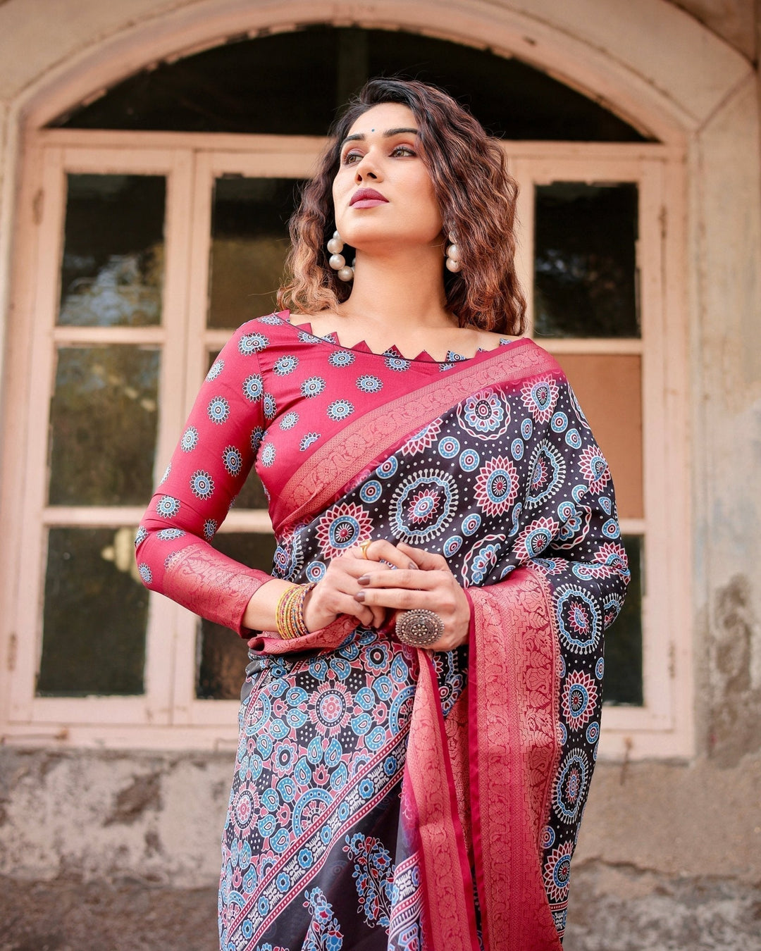 Pure Silk Digitally Printed Saree Weaved With Golden Zari Comes With Tassels - Almaari Fashion