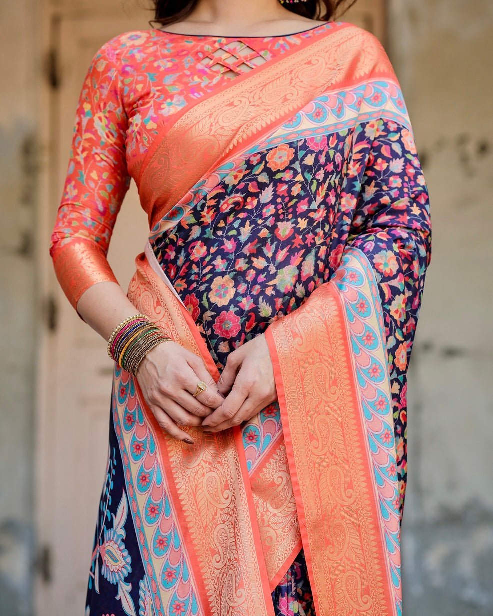 Pure Silk Digitally Printed Saree Weaved With Golden Zari Comes With Tassels - Almaari Fashion