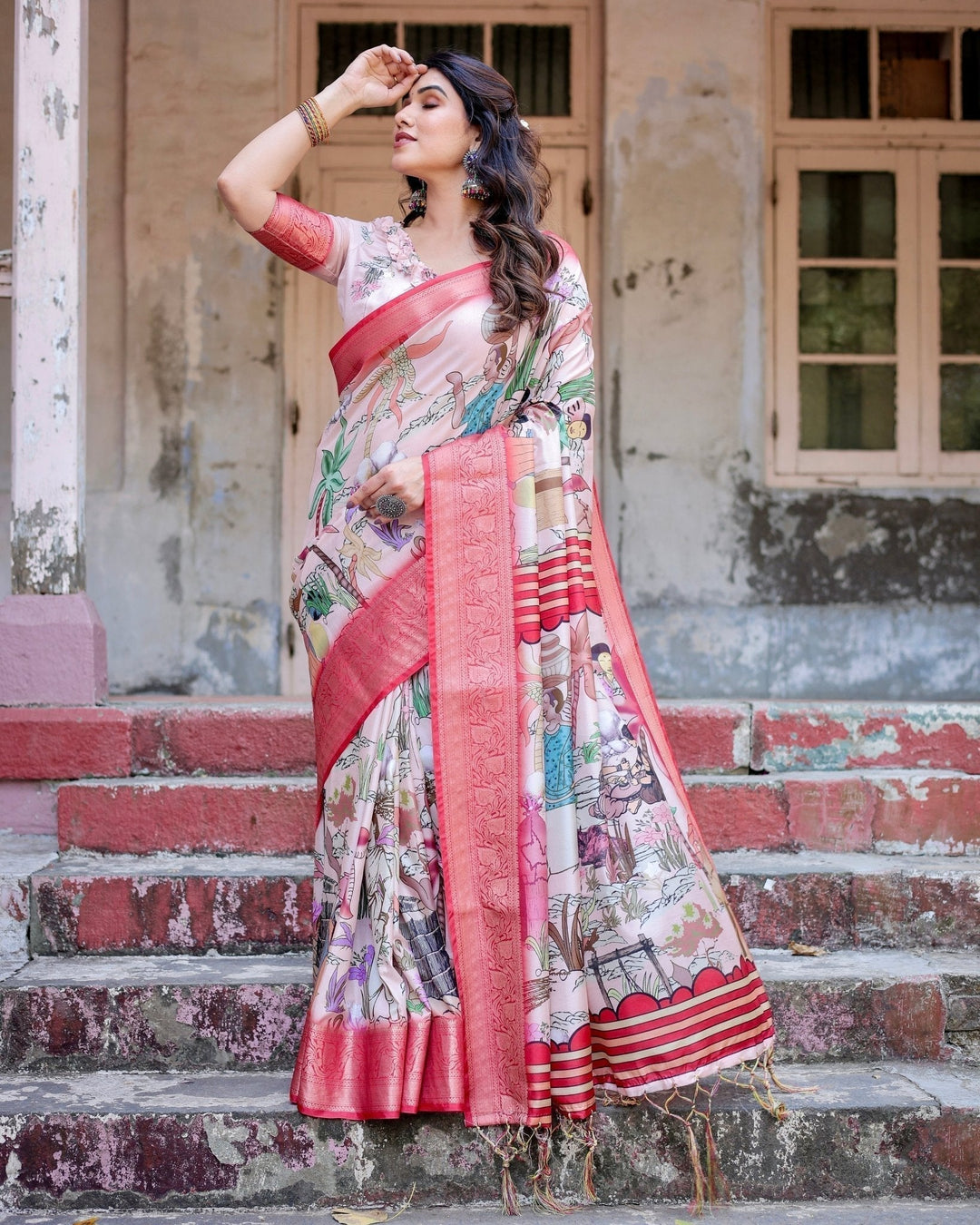 Pure Silk Digitally Printed Saree Weaved With Golden Zari Comes With Tassels - Almaari Fashion