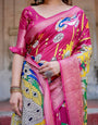 Magenta Tussar Silk Saree with Artistic Peacock & Floral Kalamkari Design