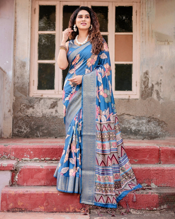 Pure Silk Digitally Printed Saree Weaved With Golden Zari Comes With Tassels - Almaari Fashion