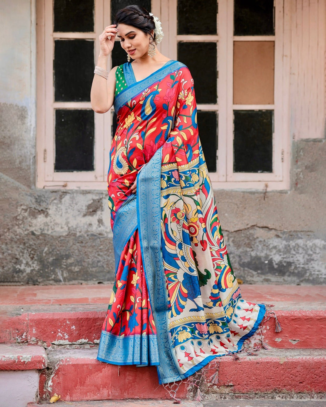 Pure Silk Digitally Printed Saree Weaved With Golden Zari Comes With Tassels - Almaari Fashion