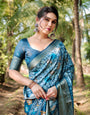 Mesmerizing Blue Tussar Silk Saree with Golden Zari Border and Mosaic-Inspired Pallu Design