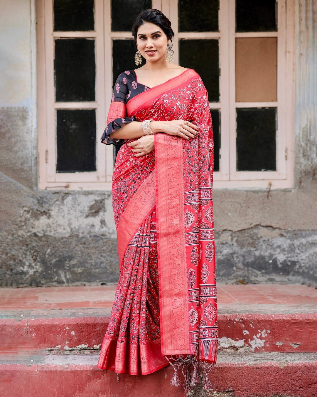 Pure Silk Digitally Printed Saree Weaved With Golden Zari Comes With Tassels - Almaari Fashion