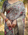 Stunning Grey Tussar Silk Saree with Golden Zari Border and Mosaic-Inspired Pallu Design