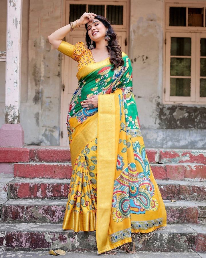 Pure Silk Digitally Printed Saree Weaved With Golden Zari Comes With Tassels - Almaari Fashion