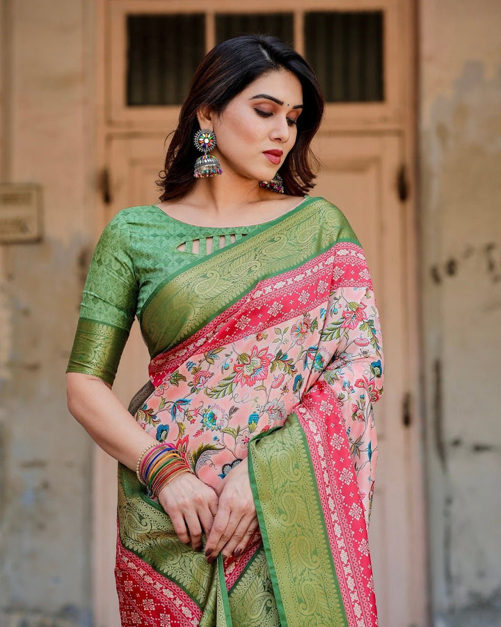 Pure Silk Digitally Printed Saree Weaved With Golden Zari Comes With Tassels - Almaari Fashion