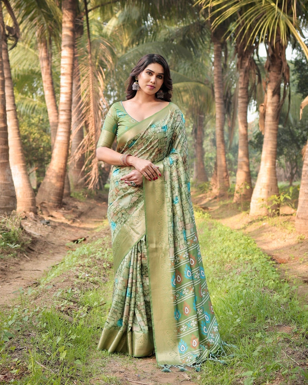 Pure Silk Digitally Printed Saree Weaved With Golden Zari Comes With Tassels - Almaari Fashion