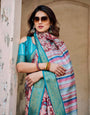 Maroon and Teal Tussar Silk Saree with Floral Zari Weave and Striped Pallu