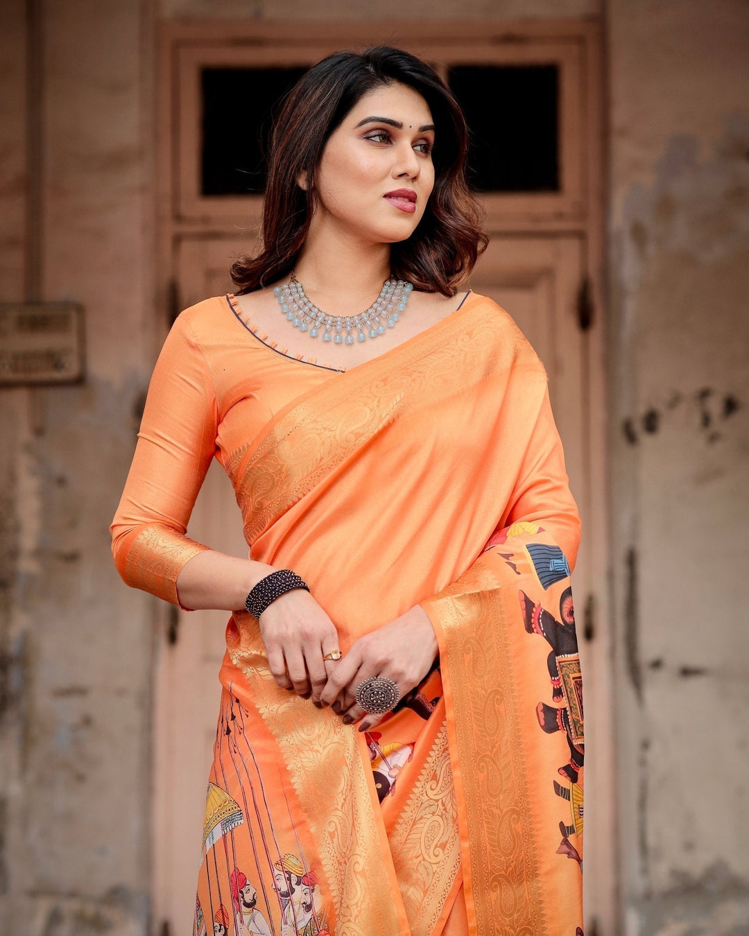 Pure Silk Digitally Printed Saree Weaved With Golden Zari Comes With Tassels - Almaari Fashion