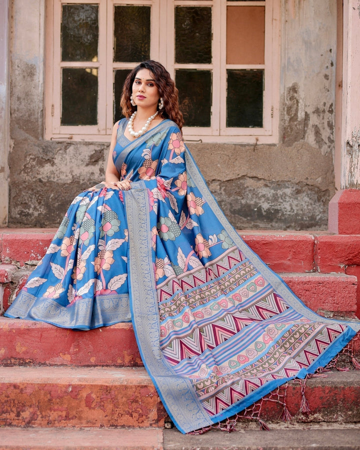 Pure Silk Digitally Printed Saree Weaved With Golden Zari Comes With Tassels - Almaari Fashion