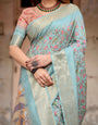 Sky Blue Tussar Silk Saree with Intricate Zari Border and Artistic Pallu Design