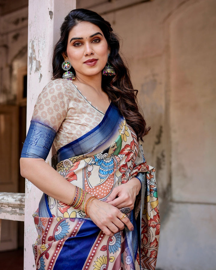 Pure Silk Digitally Printed Saree Weaved With Golden Zari Comes With Tassels - Almaari Fashion