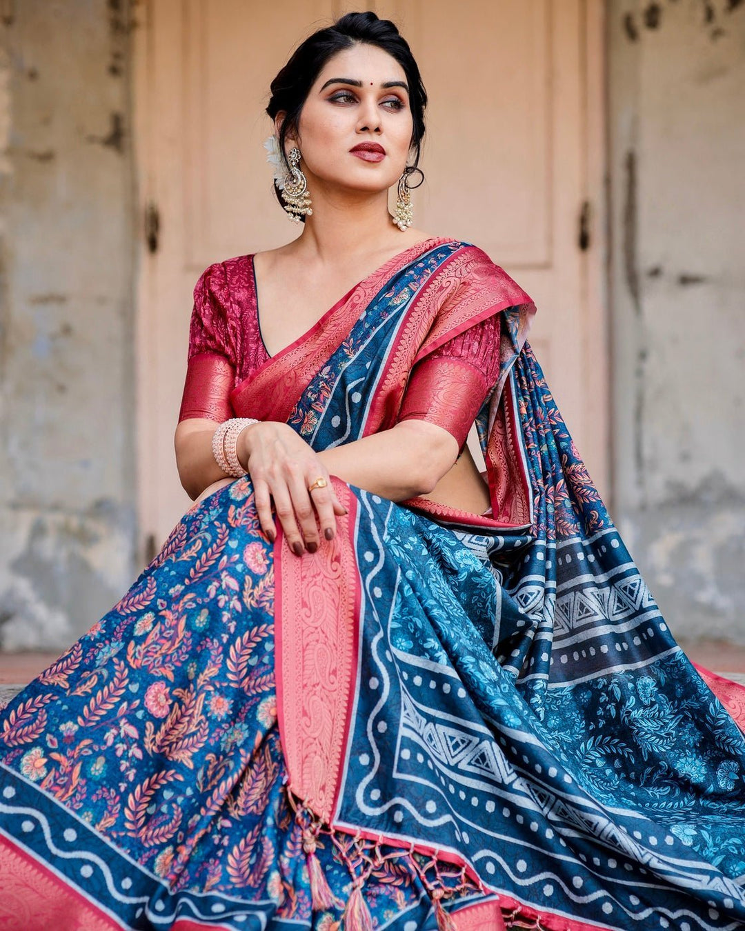 Pure Silk Digitally Printed Saree Weaved With Golden Zari Comes With Tassels - Almaari Fashion