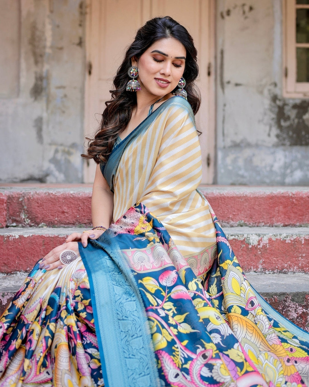 Pure Silk Digitally Printed Saree Weaved With Golden Zari Comes With Tassels - Almaari Fashion