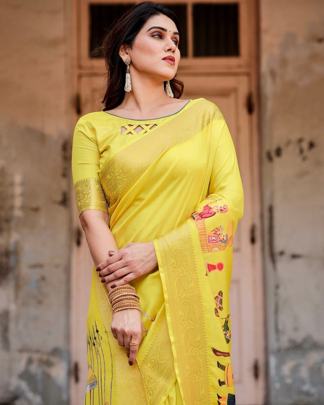 Pure Silk Digitally Printed Saree Weaved With Golden Zari Comes With Tassels - Almaari Fashion