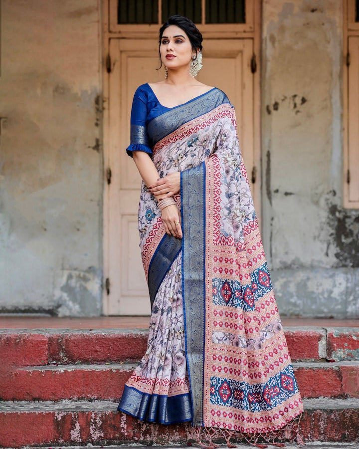 Pure Silk Digitally Printed Saree Weaved With Golden Zari Comes With Tassels - Almaari Fashion