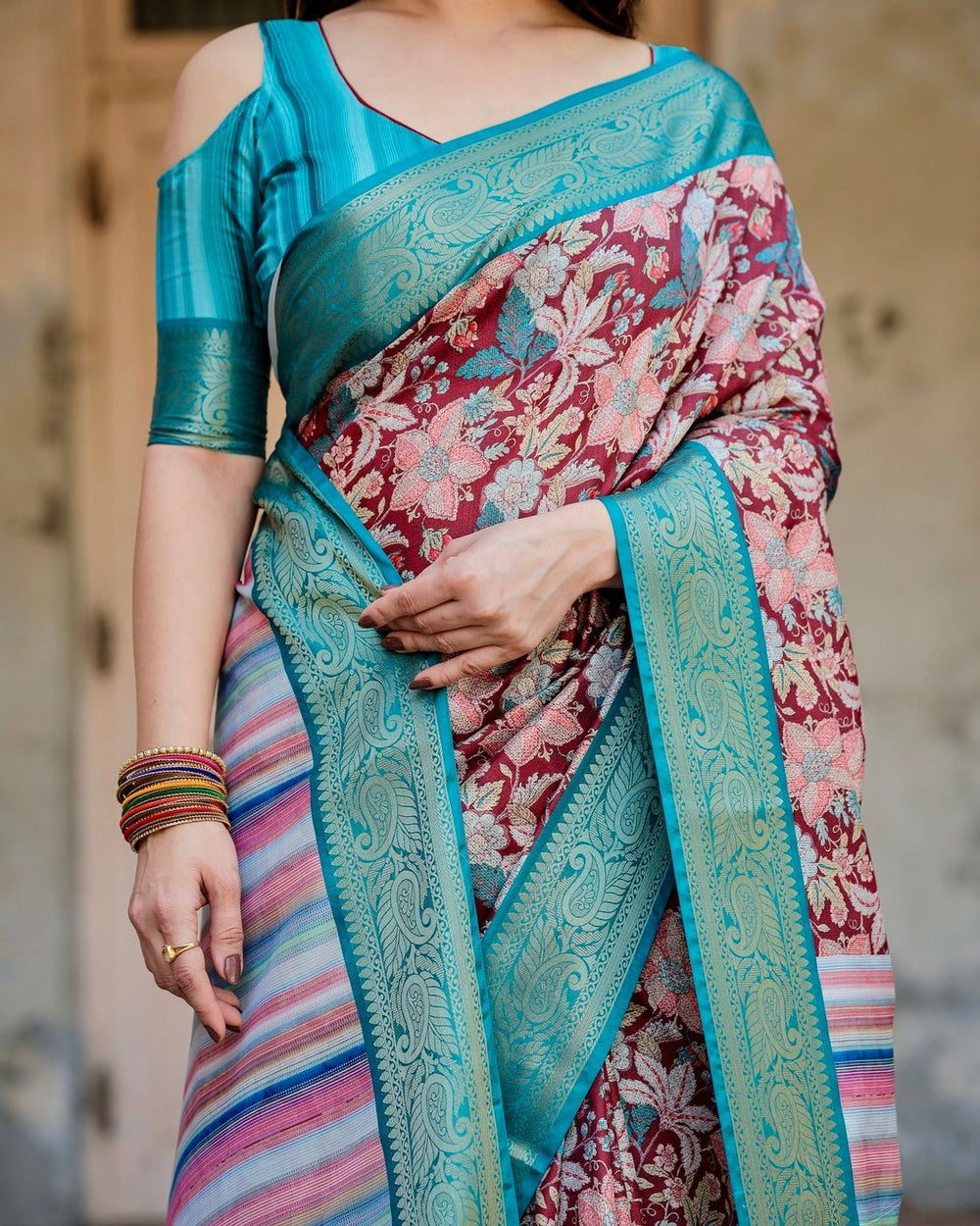 Pure Silk Digitally Printed Saree Weaved With Golden Zari Comes With Tassels - Almaari Fashion