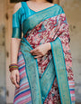 Maroon and Teal Tussar Silk Saree with Floral Zari Weave and Striped Pallu