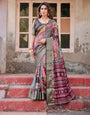 Multicolor Tussar Silk Saree with Ornamental Patchwork and Olive Zari Border